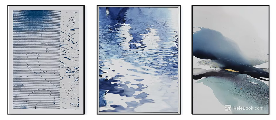 Blue Abstract Triptych Decorative Paintings With Water Ripple Patterns For Wall Art 3d model