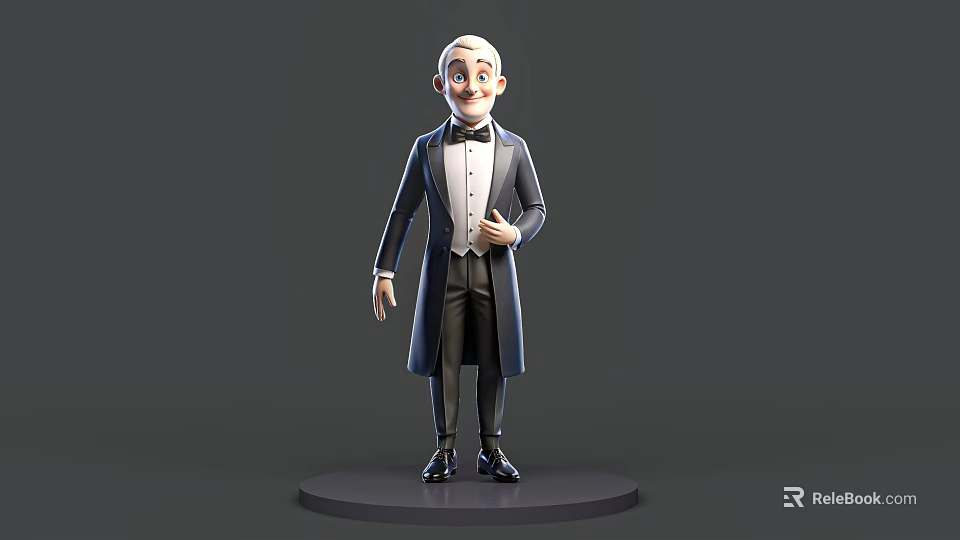 3D Model Man Wearing Formal Tuxedo White Shirt Bow Tie on Circular Base Gray Background 3d model 