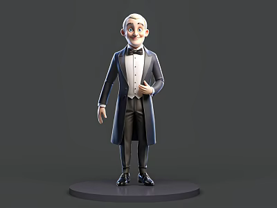 3D Model Man Wearing Formal Tuxedo White Shirt Bow Tie on Circular Base Gray Background 3d model