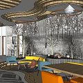 Elegant Cafe Interior Design With Crystal Chandelier Wooden Ceiling And Comfortable Seating