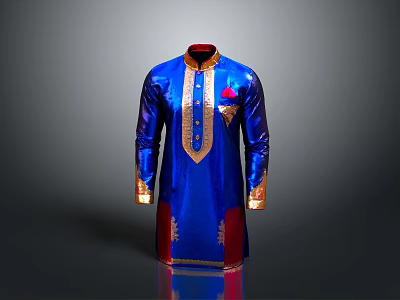 Blue Traditional Robe With Golden Decorations Red Lining And Pocket Detail 3d model