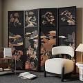 Middle-ancient style leisure chair screen bookshelf side lamp 3d model