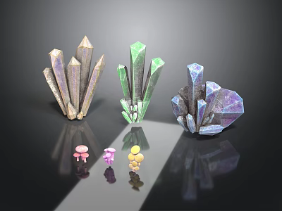 Vibrant Crystal Clusters And Small Mushroom Figurines On Reflective Black Surface 3d model