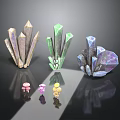 Vibrant Crystal Clusters And Small Mushroom Figurines On Reflective Black Surface