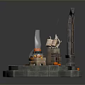 Mystical Fantasy Altar Scene With Arched Green Grid Window Smoking Cauldron And Circular Stone Steps