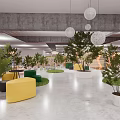 Modern Casual Lounge Area Design With Wooden Hexagon Decor Green Plants And Comfortable Seats