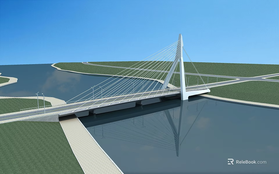 White Cable Stayed Bridge Spanning Water With Reflection Blue Sky Green Landscape Pedestrian Walkway 3d model 