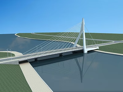 White Cable Stayed Bridge Spanning Water With Reflection Blue Sky Green Landscape Pedestrian Walkway 3d model