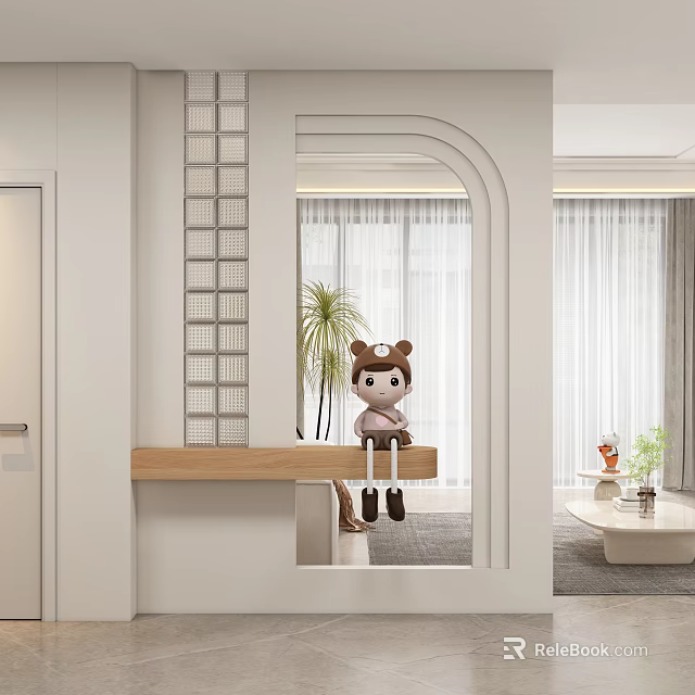 Modern Entryway Hallway With Arched Doorway Wooden Shelf Doll And Green Plant 3d model 