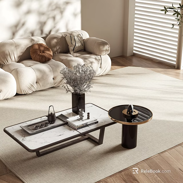 Elegant Modern Coffee Tables with Marble Top Black Legs Soft Sofa Light Rug and Vase 3d model 