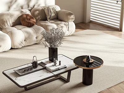 Elegant Modern Coffee Tables with Marble Top Black Legs Soft Sofa Light Rug and Vase 3d model