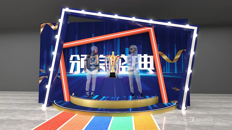 Grand Award Ceremony Stage With Trophy Two Hosts And Colorful Decorations 3d model 
