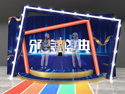 Grand Award Ceremony Stage With Trophy Two Hosts And Colorful Decorations 3d model