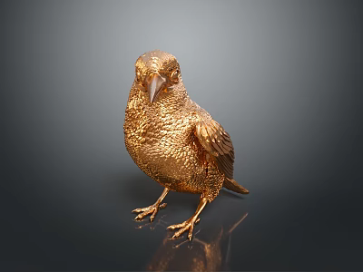 Golden Bird Sculpture With Metallic Texture Standing Pose Detailed Wings Claws And Dark Background 3d model