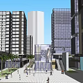 Modern Urban Commercial Complex With Open Plaza Fountain Greenery And High Rise Buildings