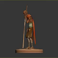 3D Character Model With Staff Red Scarf And Striped Clothing On Round Base 3d model