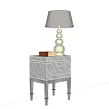 Green Bedside Table With White Stitching Drawer And Table Lamp With Layered Spherical Base 3d model