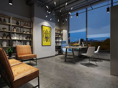 Modern Office Interior With Open Layout Bookshelves Yellow Poster And Large Windows 3d model