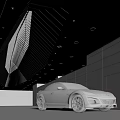 Modern Exhibition Hall Featuring Silver Car With Geometric Ceiling Lighting Gray Walls And Smooth Floor