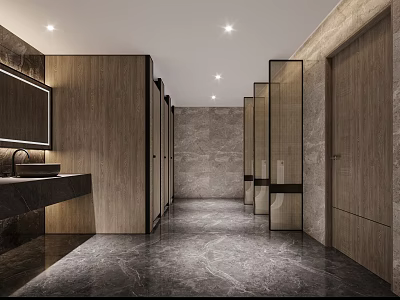 Modern Public Restroom Interior Design With Wooden Stalls Marble Walls Flooring Washbasins And Mirrors 3d model