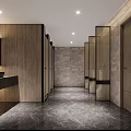 Modern Public Restroom Interior Design With Wooden Stalls Marble Walls Flooring Washbasins And Mirrors