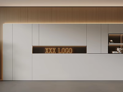 Modern Reception Area Design With Wooden Panels White Counter And Illuminated Logo 3d model