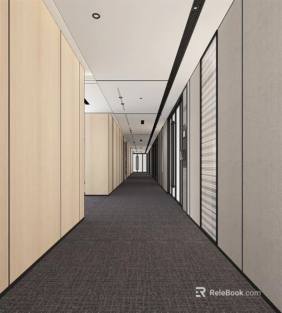 Modern Office Corridor With Light Wooden Walls Dark Carpet Ceiling Lights And Glass Partitions 3d model 