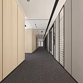 Modern Office Corridor With Light Wooden Walls Dark Carpet Ceiling Lights And Glass Partitions
