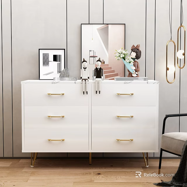 Elegant White Entryway Cabinet Sideboard With Gold Handles Legs And Decorative Mirror Vase 3d model 