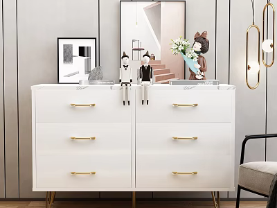 Elegant White Entryway Cabinet Sideboard With Gold Handles Legs And Decorative Mirror Vase 3d model