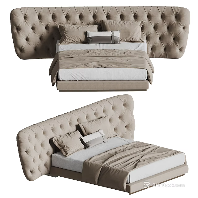 Modern Beige Double Bed With Tufted Headboard Soft Pillows And Cozy Bedspread 3d model 