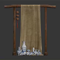 Traditional Display Blue And White Porcelain Vases Bowls With Wooden Rack Brown Cloth Red Decorations
