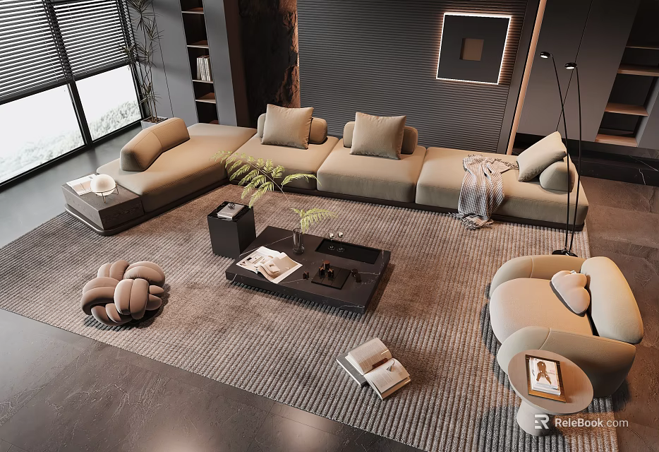 Modern Beige L shaped Sofa And Coffee Table Set With Cushions Armchair And Plant 3d model 