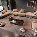 Modern Beige L shaped Sofa And Coffee Table Set With Cushions Armchair And Plant