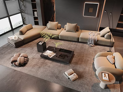 Modern Beige L shaped Sofa And Coffee Table Set With Cushions Armchair And Plant 3d model