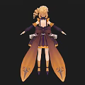 Woman With Blonde Hair Wearing Purple And Black Dress With Lace Skirt And Yellow Accents