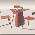Modern Triangular Red Table With Orange Light Brown Chairs And Potted Plant Book 3d model