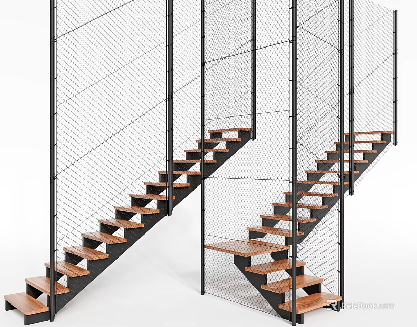 Modern Industrial Staircase With Black Metal Frame Wooden Treads And Wire Mesh Railings 3d model 