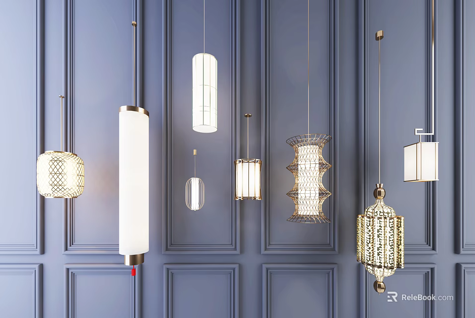 Modern Chandeliers With Various Designs Displayed On Blue Wall Background 3d model