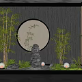 Zen Style Garden Ornament with Bamboo Plants Round Mirror Stone Statue Stones and Small Lights