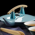 Traditional Tea Set with Bamboo Handle Teapot Two Tea Bowls and Wooden Tray