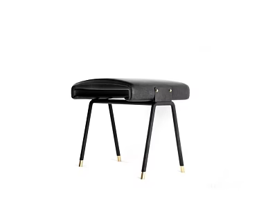 Modern Black Leather Stool With Metal Legs And Brass Foot Caps Interior Decor Piece 3d model