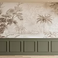 Vintage Tropical Tree Wall Mural With Green Paneled Base And Natural Scenery