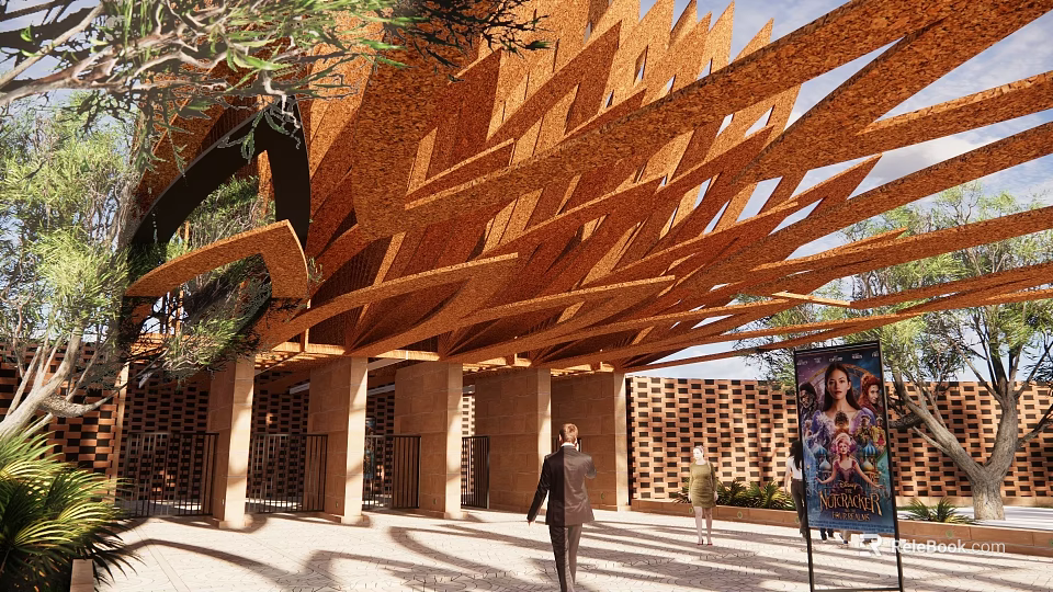 Wooden Architectural Canopy Structure With Overlapping Slats And Natural Lighting 3d model