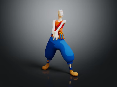 Bald Cartoon Character Wearing Red Top Blue Pants Holding Small Creature With Yellow Shoes 3d model