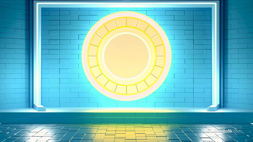Modern Display Shelf With Blue Brick Wall And Yellow Circular Structure On Tile Floor 3d model 