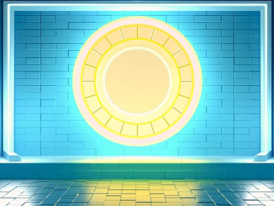 Modern Display Shelf With Blue Brick Wall And Yellow Circular Structure On Tile Floor 3d model