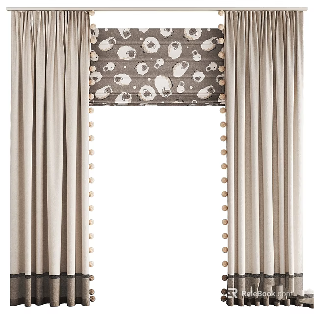 Beige Curtains with Gray White Pattern Roller Blind and Beaded Trim 3d model 