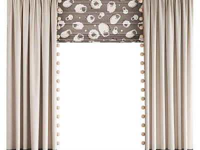 Beige Curtains with Gray White Pattern Roller Blind and Beaded Trim 3d model