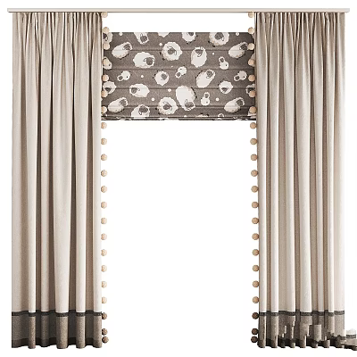 Beige Curtains with Gray White Pattern Roller Blind and Beaded Trim 3d model